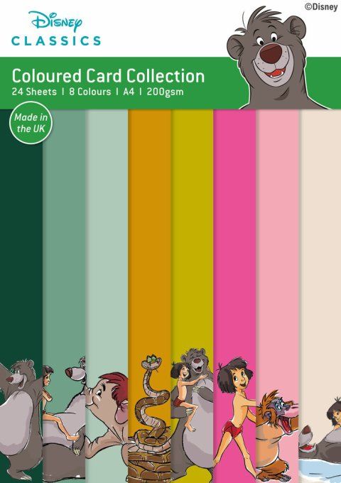24 feuilles, format A4, Disney, 200g, motif recto, Coloured Card Collection, Le livre de la jungle