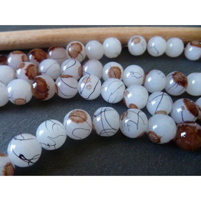 Perles en verre tréfilé,marron et blanc, x20