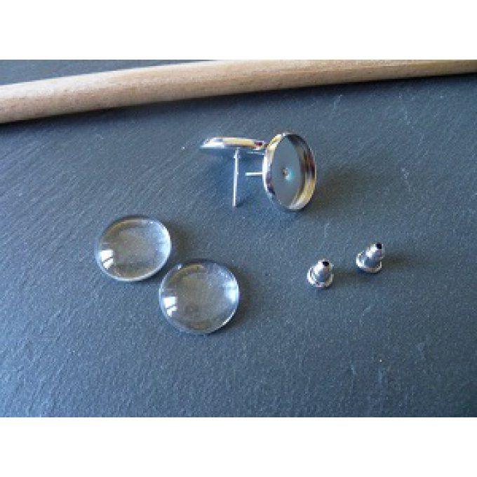 Puces d'oreilles + cabochons + fermoirs, laiton argenté, la paire