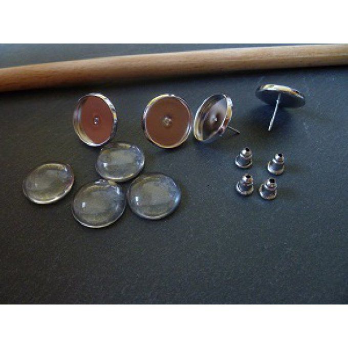 Puces d'oreilles + cabochons + fermoirs, laiton argenté, x2