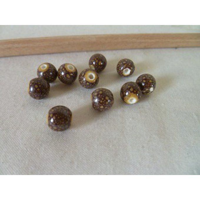 Perles en porcelaine marron tacheté marron clair, x5