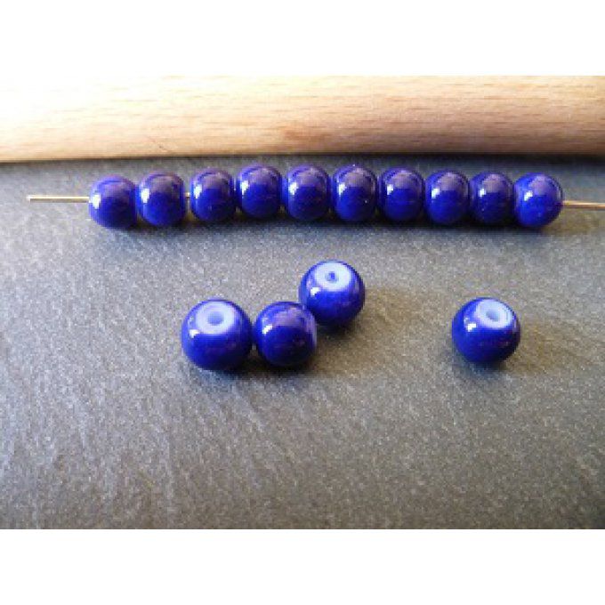 Perle en verre ronde,bleu marine, 6mm, x10