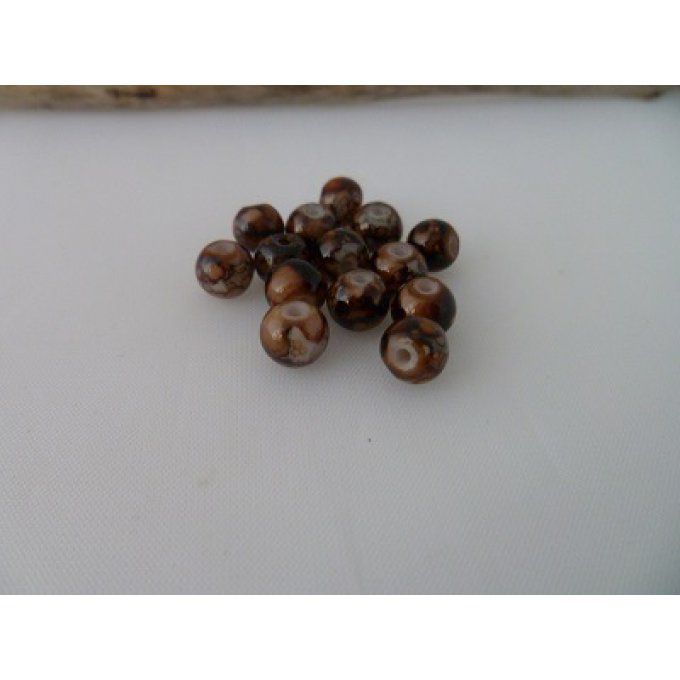 Perles en verre, marbrées marron, 6mm, x15