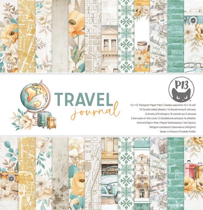 P13, Travel journal - format 30.5x30.5cm, 240gsm - 12 feuilles motif recto verso 