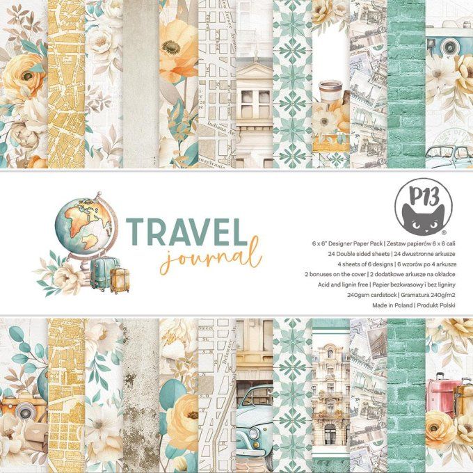 P13, Travel journal - format 15x15cm, 240gsm - 24 feuilles motif recto verso
