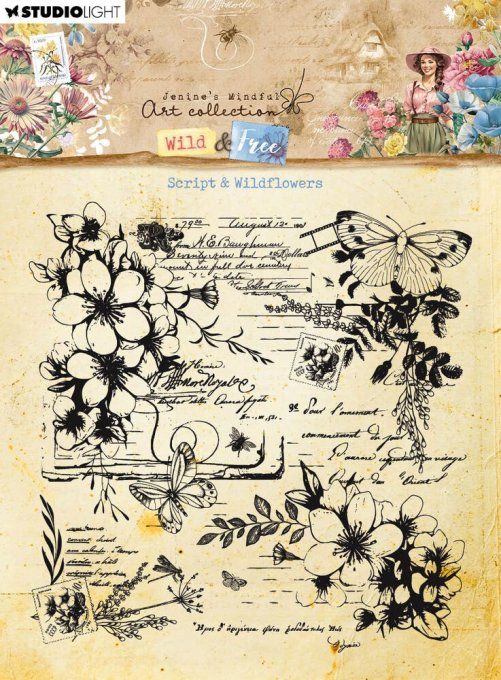 Tampon clear, Studio Light, Script & wildflowers, dimension : 12.5x12.5cm environ