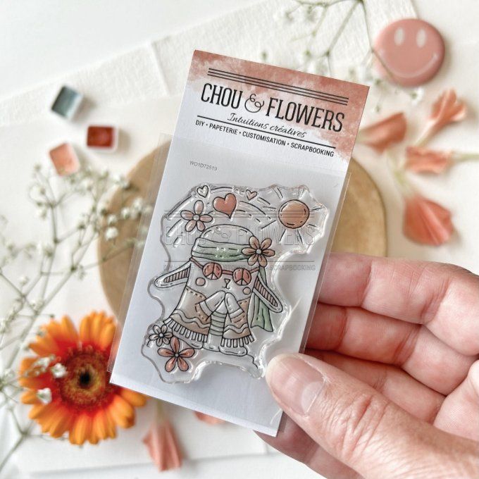 1 Tampon clear, Chou & Flowers, Doudou Peace and Love - Dim. de la planche : 5x8cm environ