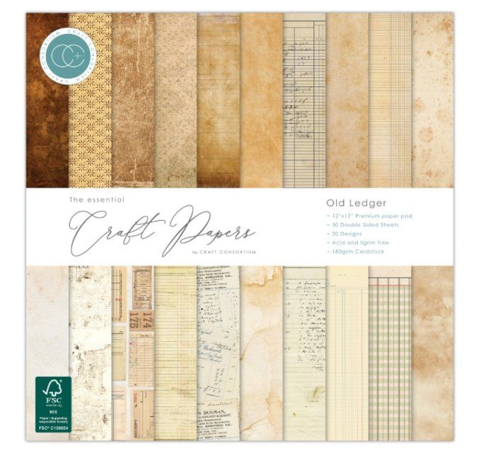 30 feuilles, motif recto verso, 30x30cm, Craft Consortium - Old ledger - 180gsm