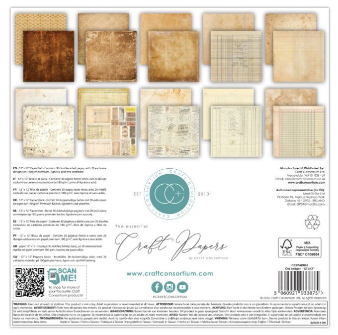 30 feuilles, motif recto verso, 30x30cm, Craft Consortium - Old ledger - 180gsm
