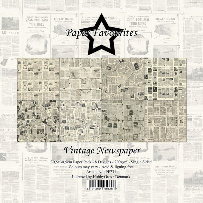 Paper Favourites - 8 feuilles, format 30x30cm, 200gsm - Newspaper, motif recto