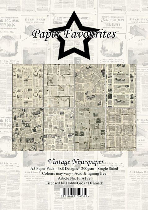 Paper Favourites - 24 feuilles, format A5, 200gsm - Newspaper, motif recto