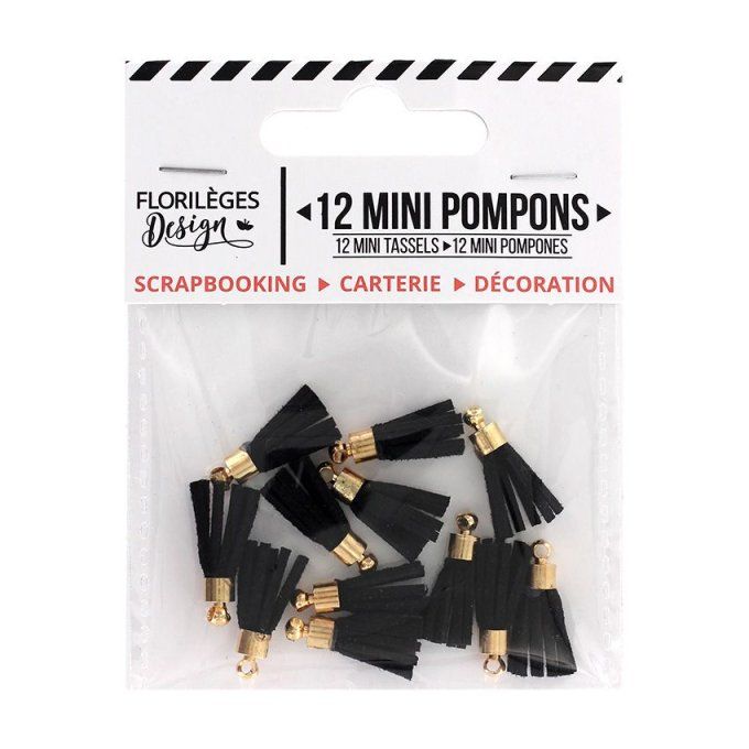Florilèges Design,  12 mini pompons, couleur noir, longueur 1.7cm environ 