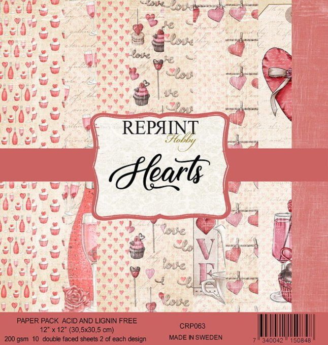 Ensemble de 10 feuilles, 30x30cm, Collection : Hearts - 200g, Reprint