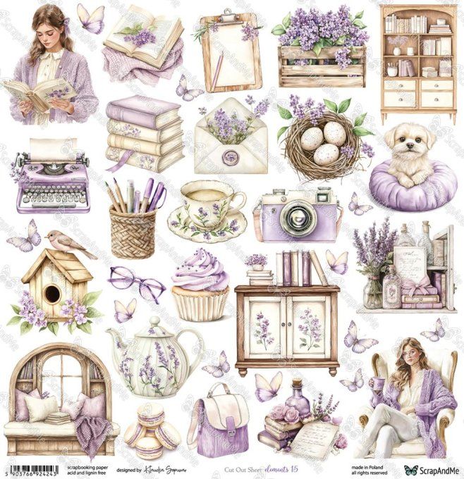 Feuille à l'unité, 30x30cm, Lovely Day in Violet, 250g,motifs recto, éléments à découper 
