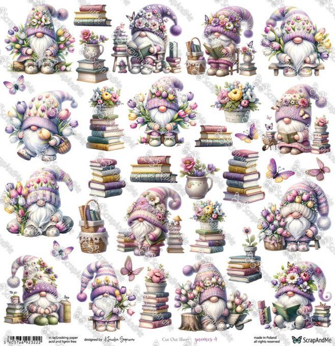 Feuille à l'unité, 30x30cm, Sunday morning, Gnomes, 250g,motifs recto, éléments à découper 