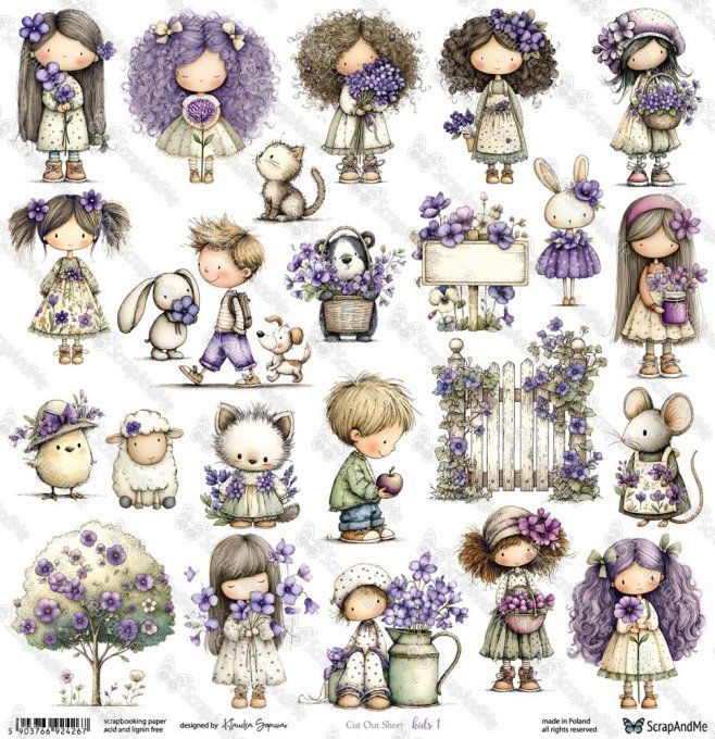 Feuille à l'unité, 30x30cm, Lovely Day in Violet (kids), 250g,motifs recto, éléments à découper