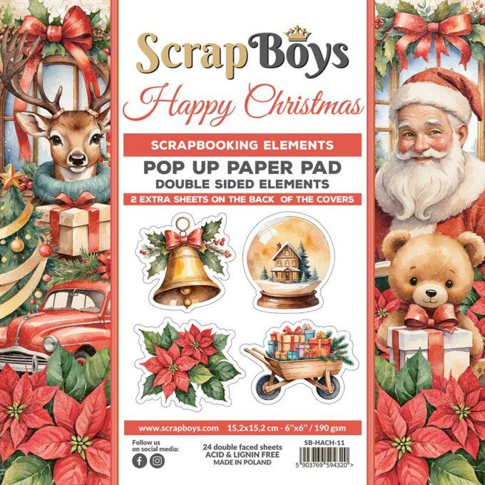 Ensemble de 24 feuilles 15x15cm, Pop-up, Scrapboys, Happy christmas - 190gsm