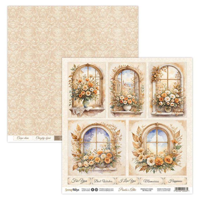 Ensemble de 12 feuilles 20x20cm, Scrapboys, Paula's Attic - 250gsm