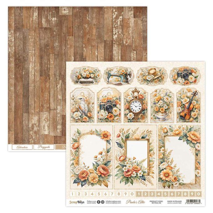 Ensemble de 12 feuilles 20x20cm, Scrapboys, Paula's Attic - 250gsm