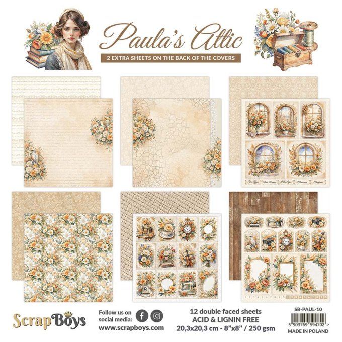 Ensemble de 12 feuilles 20x20cm, Scrapboys, Paula's Attic - 250gsm