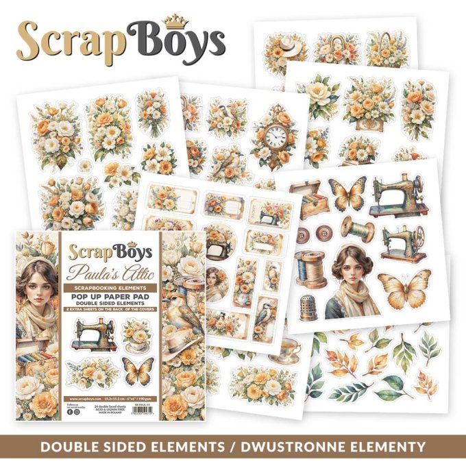 Ensemble de 24 feuilles 15x15cm, Pop-up, Scrapboys, Paula's Attic - 250gsm