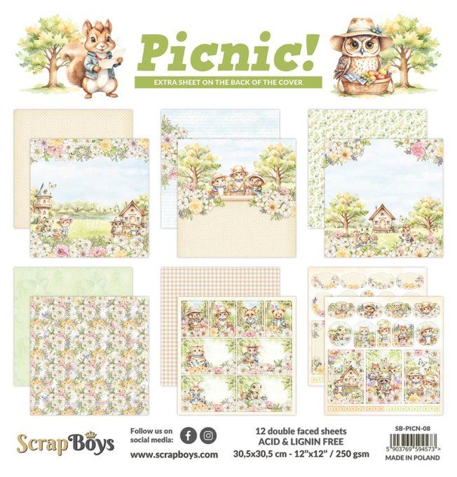 Ensemble de 12 feuilles 30x30cm, Scrapboys, Picnic ! - 250gsm 