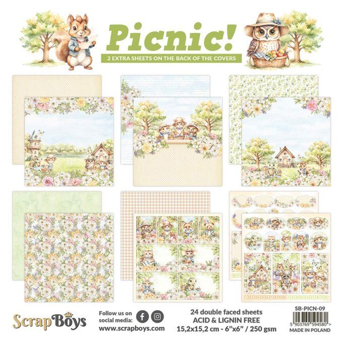 Ensemble de 24 feuilles 15x15cm, Scrapboys, Picnic ! - 250gsm