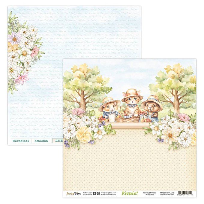 Ensemble de 12 feuilles 20x20cm, Scrapboys, Picnic! - 250gsm