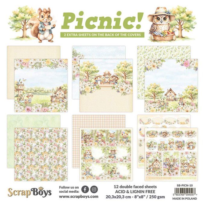 Ensemble de 12 feuilles 20x20cm, Scrapboys, Picnic! - 250gsm