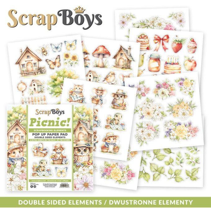 Ensemble de 24 feuilles 15x15cm, Pop-up, Scrapboys, Picnic ! - 250gsm