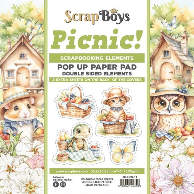 Ensemble de 24 feuilles 15x15cm, Pop-up, Scrapboys, Picnic ! - 250gsm