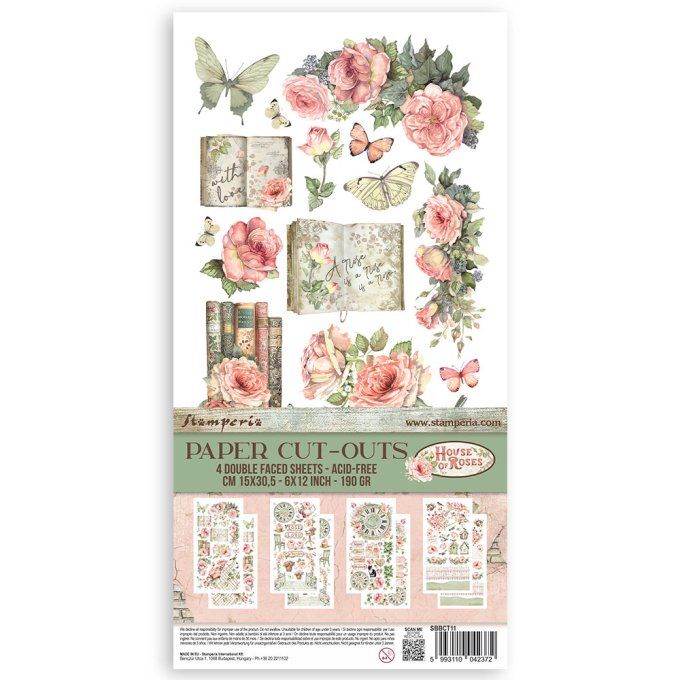 Stamperia, House of roses, 4 feuilles de die-cuts prédécoupés, dimension 15x30cm environ
