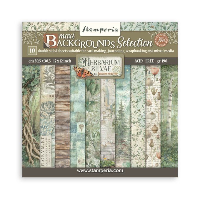 Papier scrapbooking, 30.5x30.5cm, Herbarium Silvae - Stamperia - 10 feuilles - background