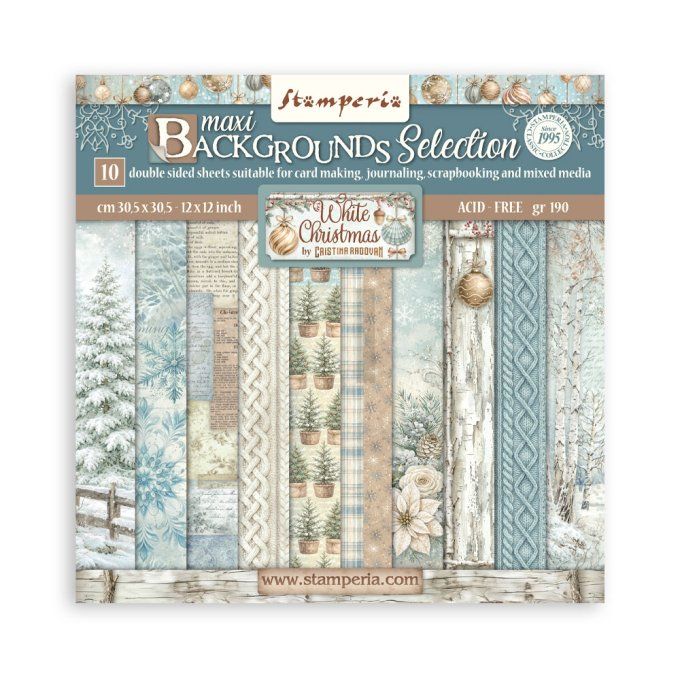 Papier scrapbooking, 30.5x30.5cm, White christmas  - Stamperia - 10 feuilles  - Backgrounds