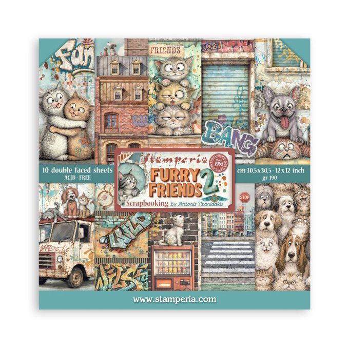 Papier scrapbooking, 30.5x30.5cm, Furry friends 2 - Stamperia - 10 feuilles