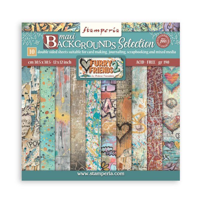 Papier scrapbooking, 30.5x30.5cm, Furry friends 2 - Stamperia - 10 feuilles - Background