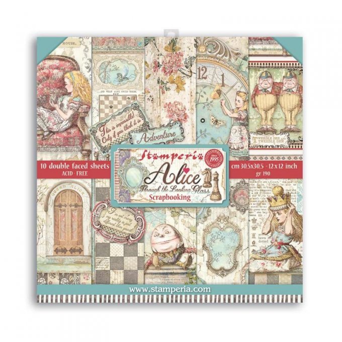 Collection ALICE THROUGH THE LOOKING GLASS, 30x30cm - 10 feuilles motif recto verso - Stamperia