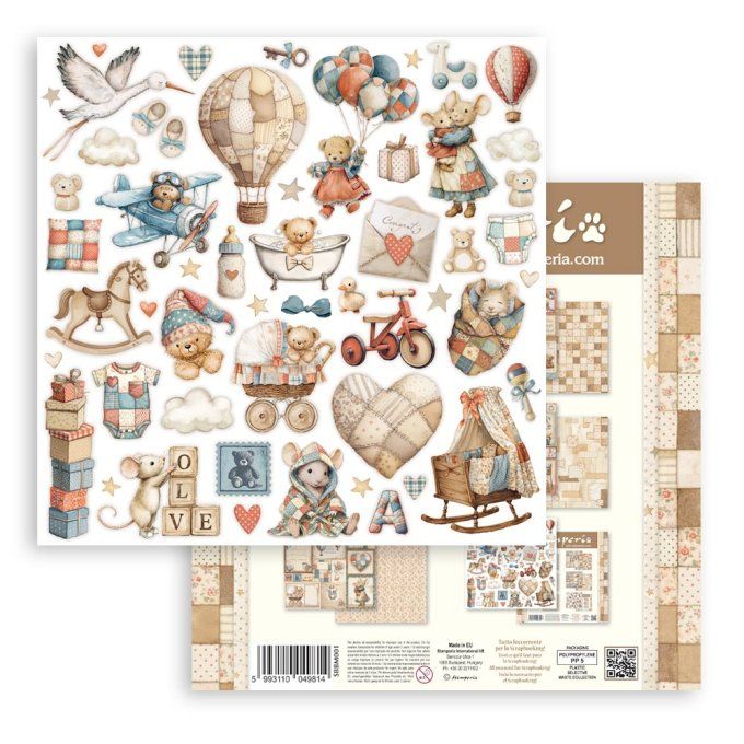 Papiers, mini bloc, 30.5x30.5cm, Baby - Stamperia - 4 feuilles + éléments au verso des couvertures