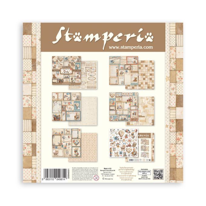 Papiers, mini bloc, 30.5x30.5cm, Baby - Stamperia - 4 feuilles + éléments au verso des couvertures