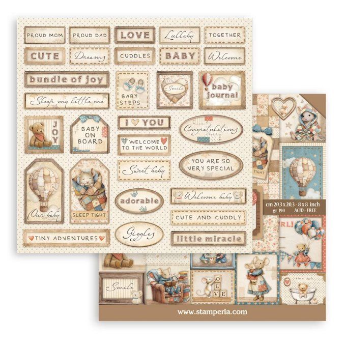 Papiers, mini bloc, 20.3x20.3cm, Baby - Stamperia - 4 feuilles + éléments au verso des couvertures 