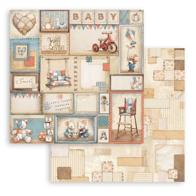 Papiers, mini bloc, 20.3x20.3cm, Baby - Stamperia - 4 feuilles + éléments au verso des couvertures 