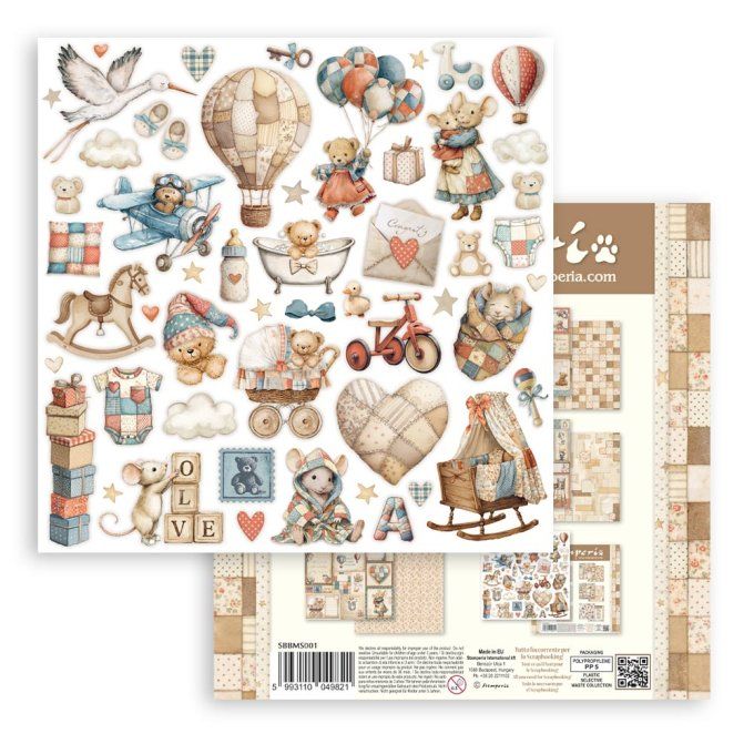 Papiers, mini bloc, 20.3x20.3cm, Baby - Stamperia - 4 feuilles + éléments au verso des couvertures 