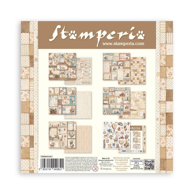 Papiers, mini bloc, 20.3x20.3cm, Baby - Stamperia - 4 feuilles + éléments au verso des couvertures 