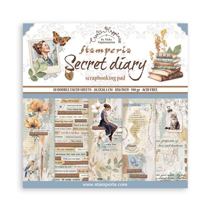 Collection Secret diary, 20x20cm - 10 feuilles motif recto verso - Stamperia