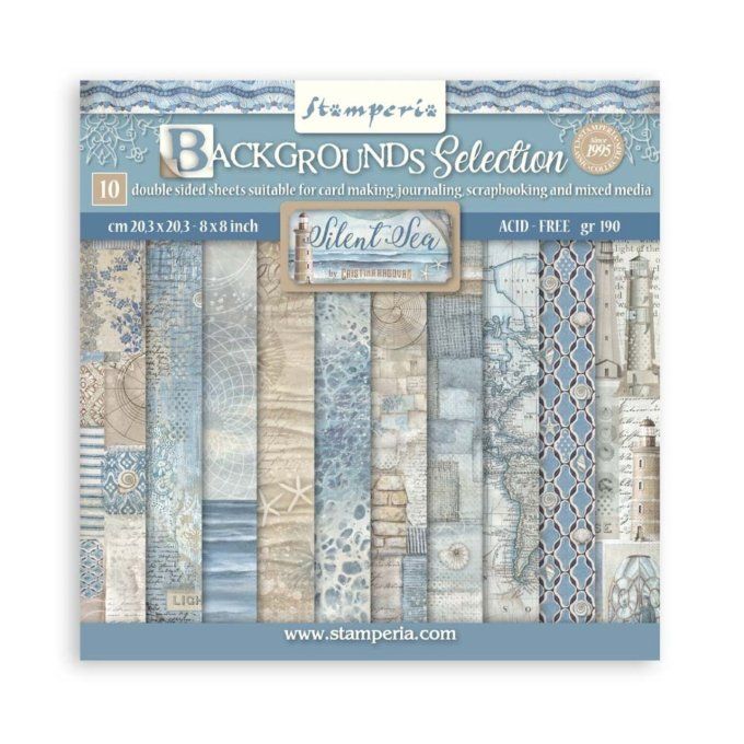 Papier scrapbooking, 20x20cm, Silent sea - Stamperia - 10 feuilles  - Backgrounds