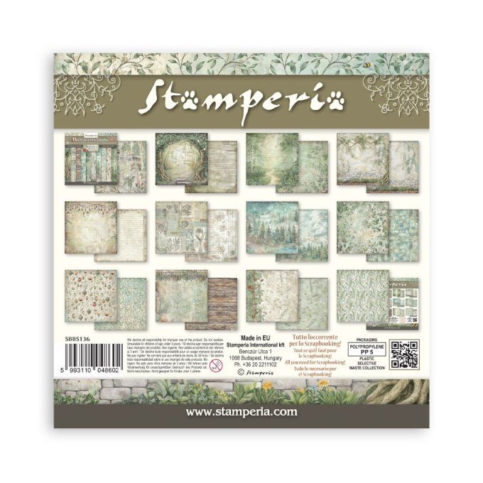 Papier scrapbooking, 20x20cm, Herbarium Silvae - Stamperia - 10 feuilles - background