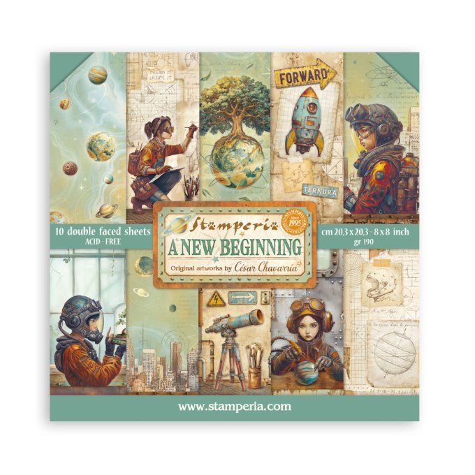 Papier scrapbooking, 20x20cm, A new beginning - Stamperia - 10 feuilles