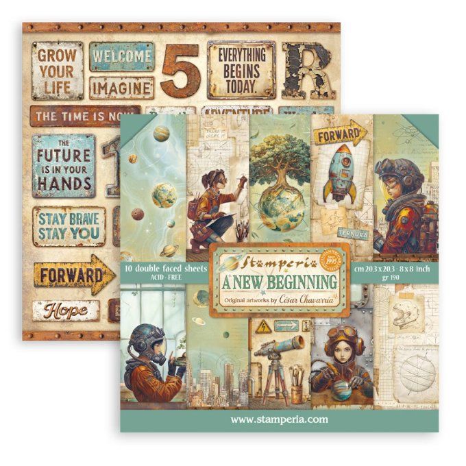 Papier scrapbooking, 20x20cm, A new beginning - Stamperia - 10 feuilles