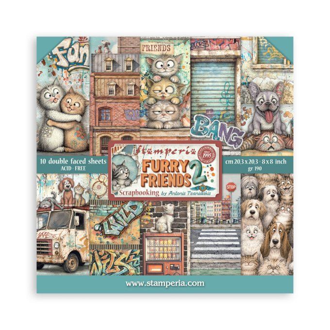 Papier scrapbooking, 20x20cm, Furry friends 2 - Stamperia - 10 feuilles