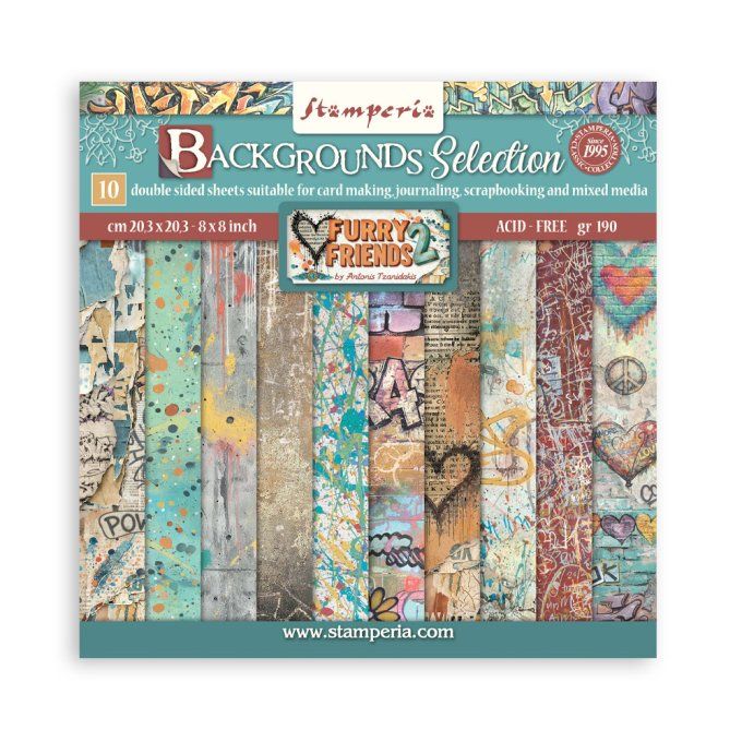 Papier scrapbooking, 20x20cm, Furry friends 2 - Stamperia - 10 feuilles - Background